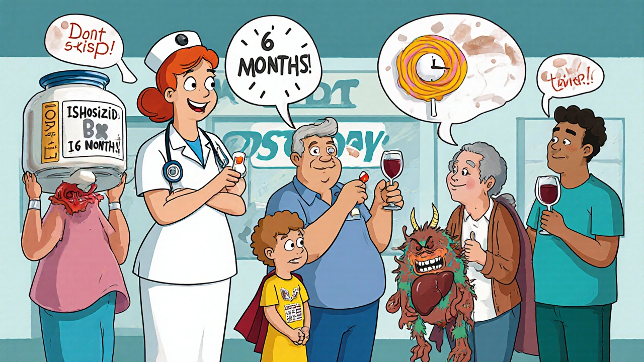 A nurse watches patients take TB pills with a giant clock and vitamin B6 cape in a clinic setting.