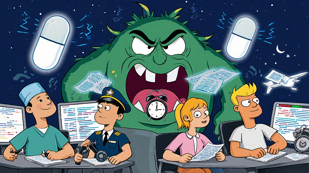 Diverse workers with Artvigil pills enhancing their tools in a stylized Hanna-Barbera scene.