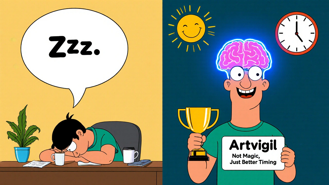 Split cartoon: tired person vs. alert person with glowing brain and focus trophy.