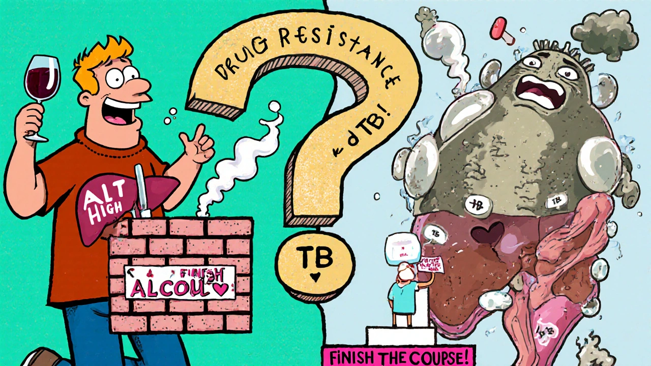 Split scene: liver turning to smoke with alcohol vs. healthy liver with B6, while a monstrous TB bacteria emerges.
