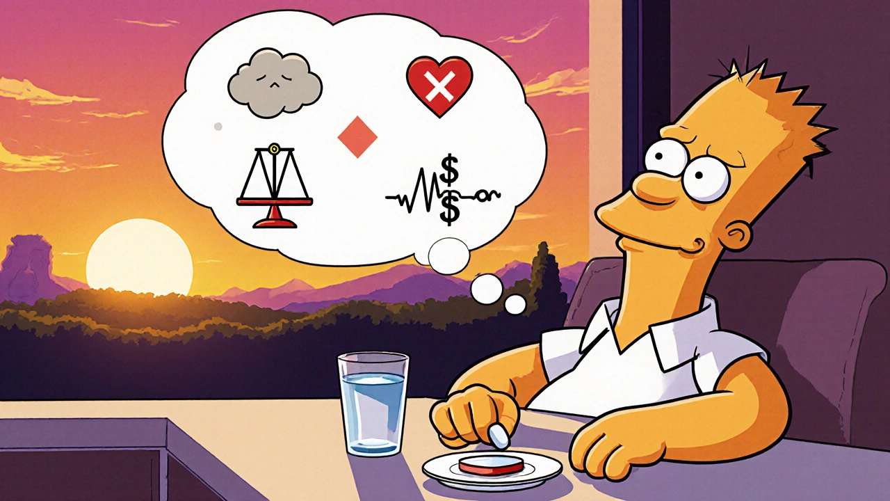 Adult takes a Voveran pill at home, thought bubble shows no cough and balanced cost.