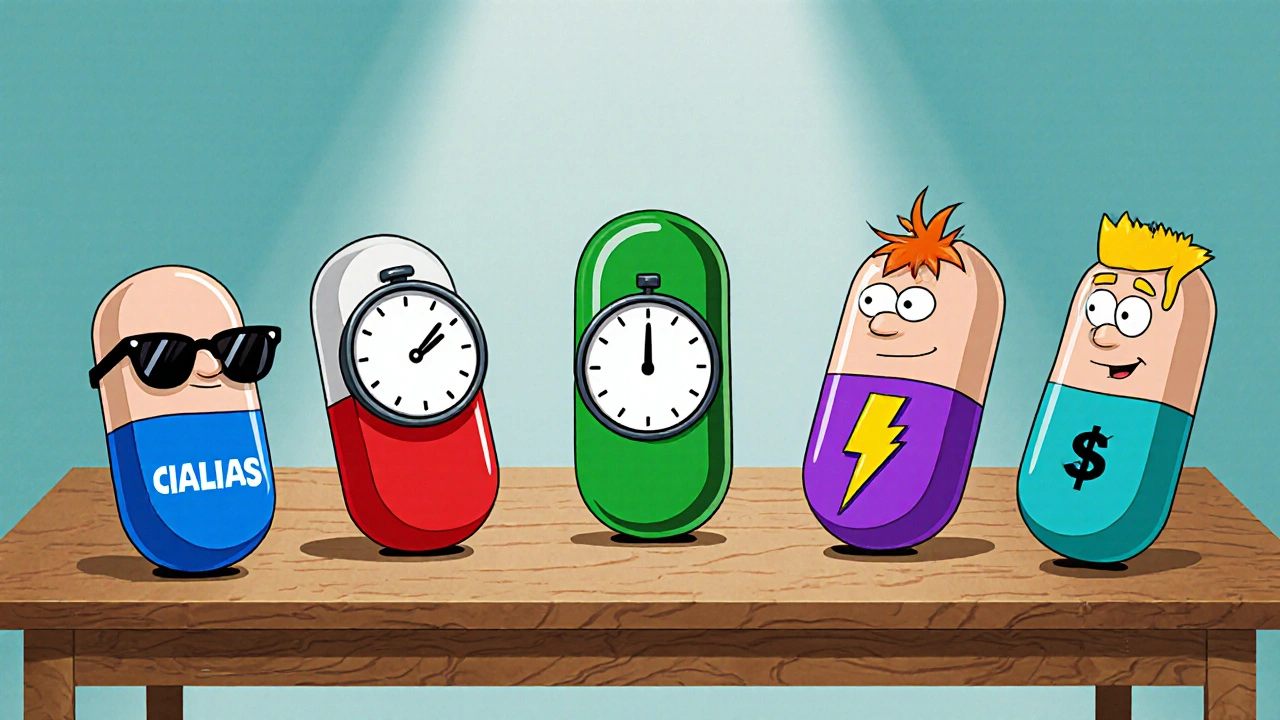 Animated pill characters representing Cialis, Viagra, Levitra, Stendra, and generic tadalafil on a table.