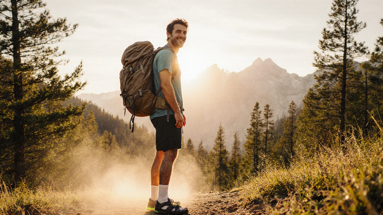 Backpacker on mountain trail wearing breathable sandals, feet looking healthy.
