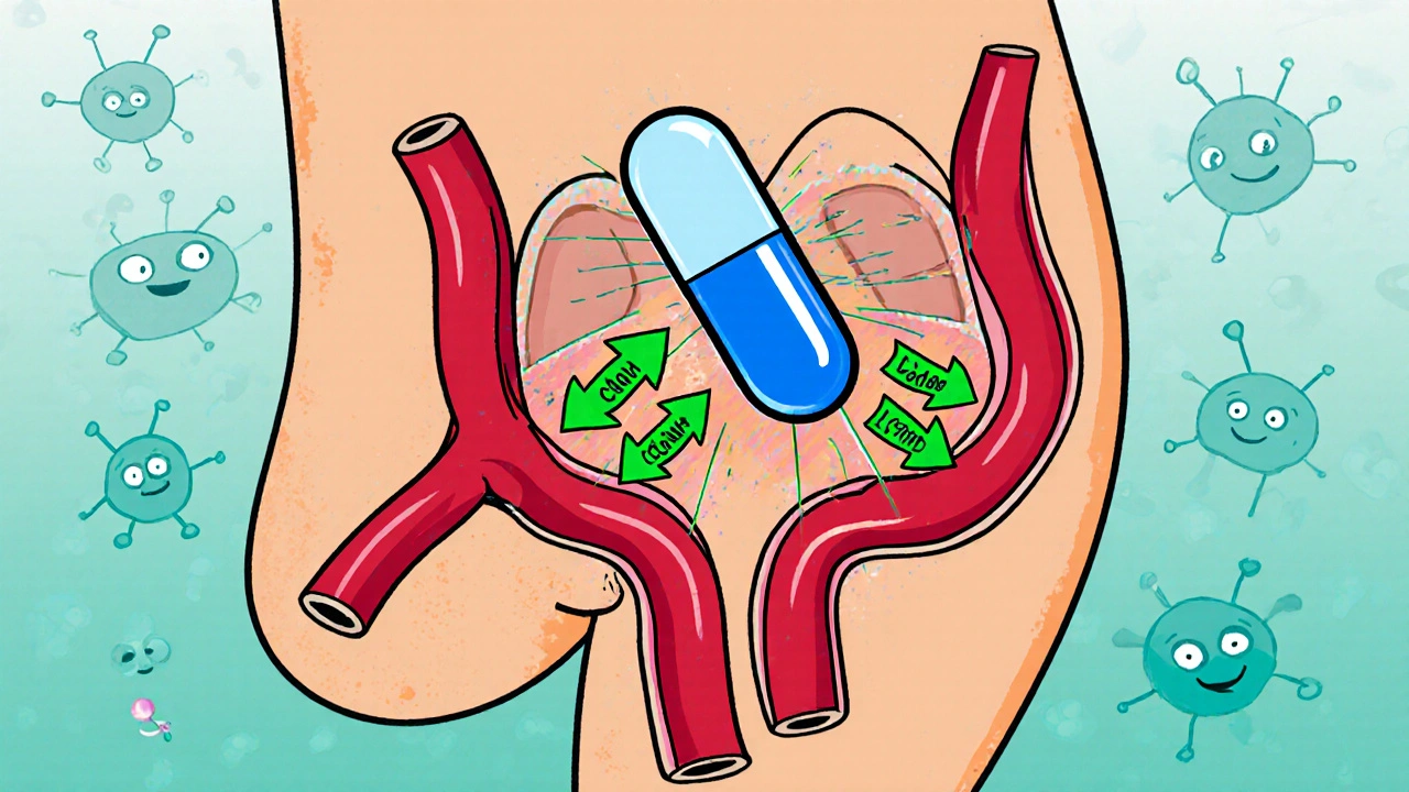 Cartoon diagram showing a blue pill releasing cGMP that relaxes red arteries.