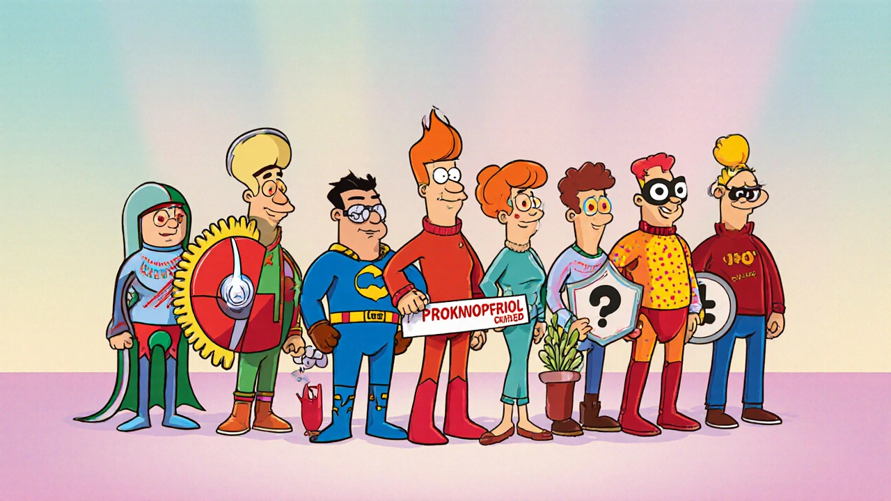 Cartoon lineup of drug mascots representing Labetalol and its alternatives, each with unique accessories.