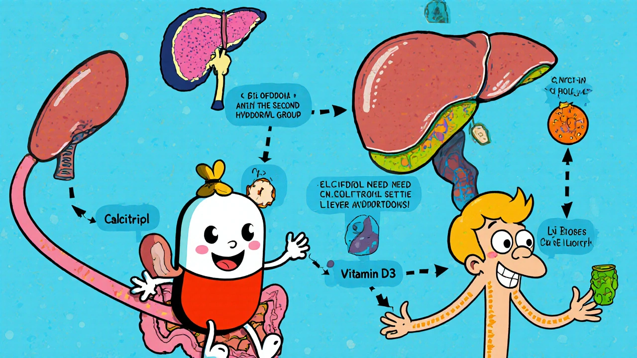 Cartoon map shows how Alfacip, Calcifediol, Calcitriol, and D3 travel through intestine, liver, and kidney.