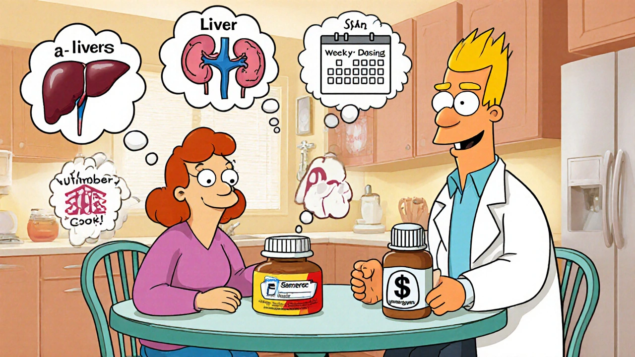Cartoon patient and doctor discuss factors like organ function, dosing, cost, and safety.