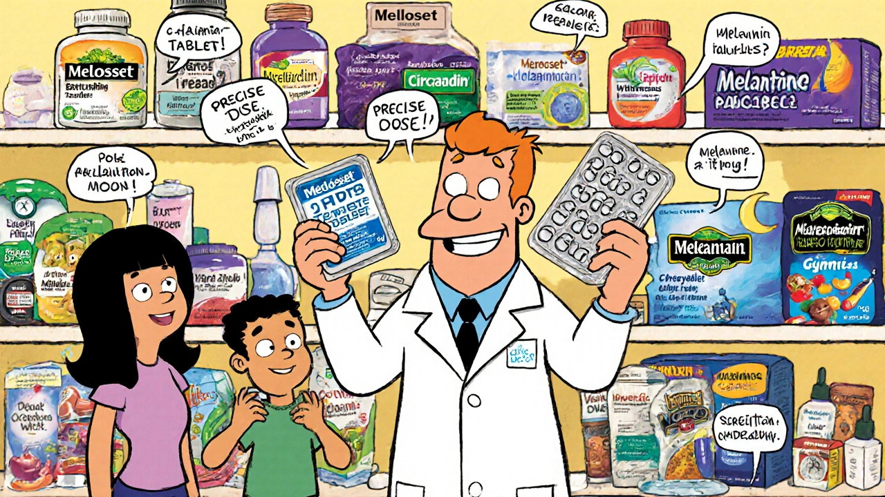Cartoon pharmacy lab showing Meloset tablets with other melatonin products and a family discussing pros and cons.