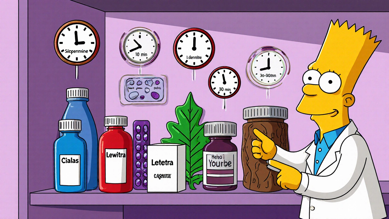 Cartoon shelf shows various ED medication bottles and supplements with clocks.
