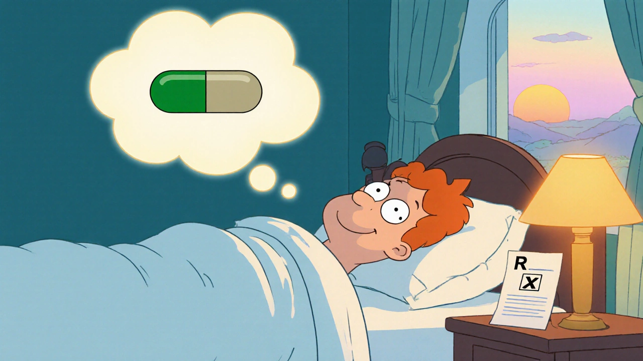 Cartoon sleeping scene with a thought bubble of Meloset and L‑Theanine, sunrise outside a tranquil bedroom.