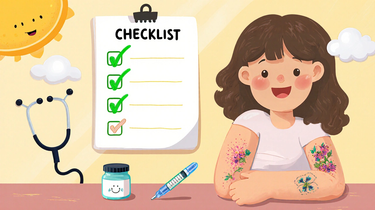 Checklist icons with ticks beside a healed tattoo and aftercare symbols on a smiling teen.