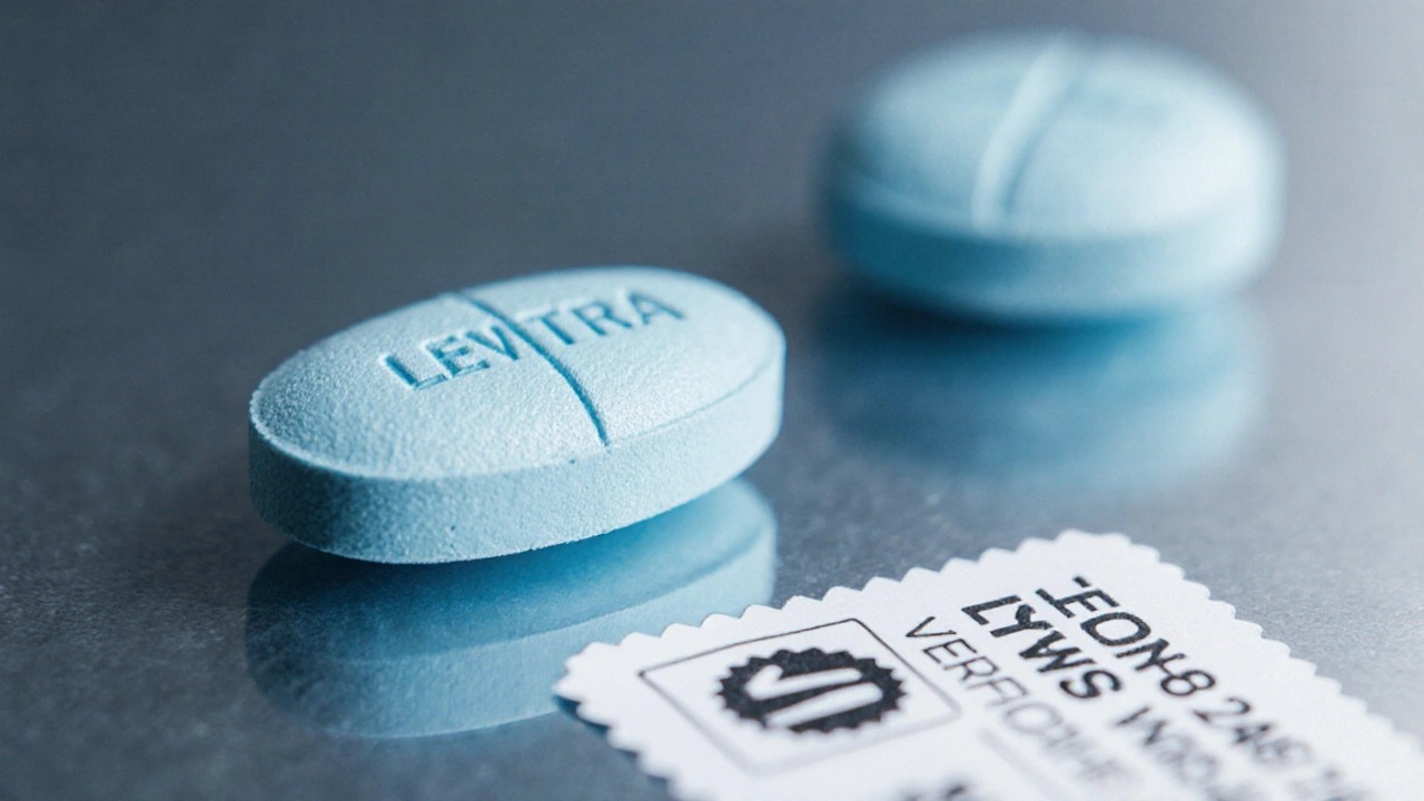 Close‑up of a genuine generic Levitra tablet beside a blurred counterfeit pill.
