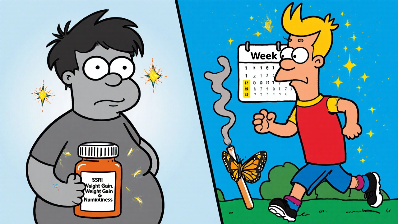 Contrasting cartoon figures before and after taking bupropion, one sluggish and gray, the other energetic and colorful.