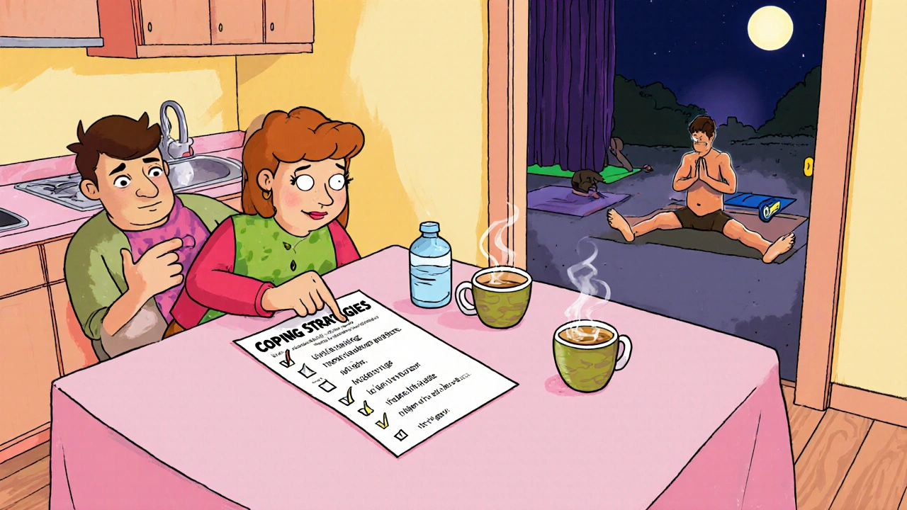 Couple at kitchen table reviewing a checklist, sharing tea, with yoga mats visible.