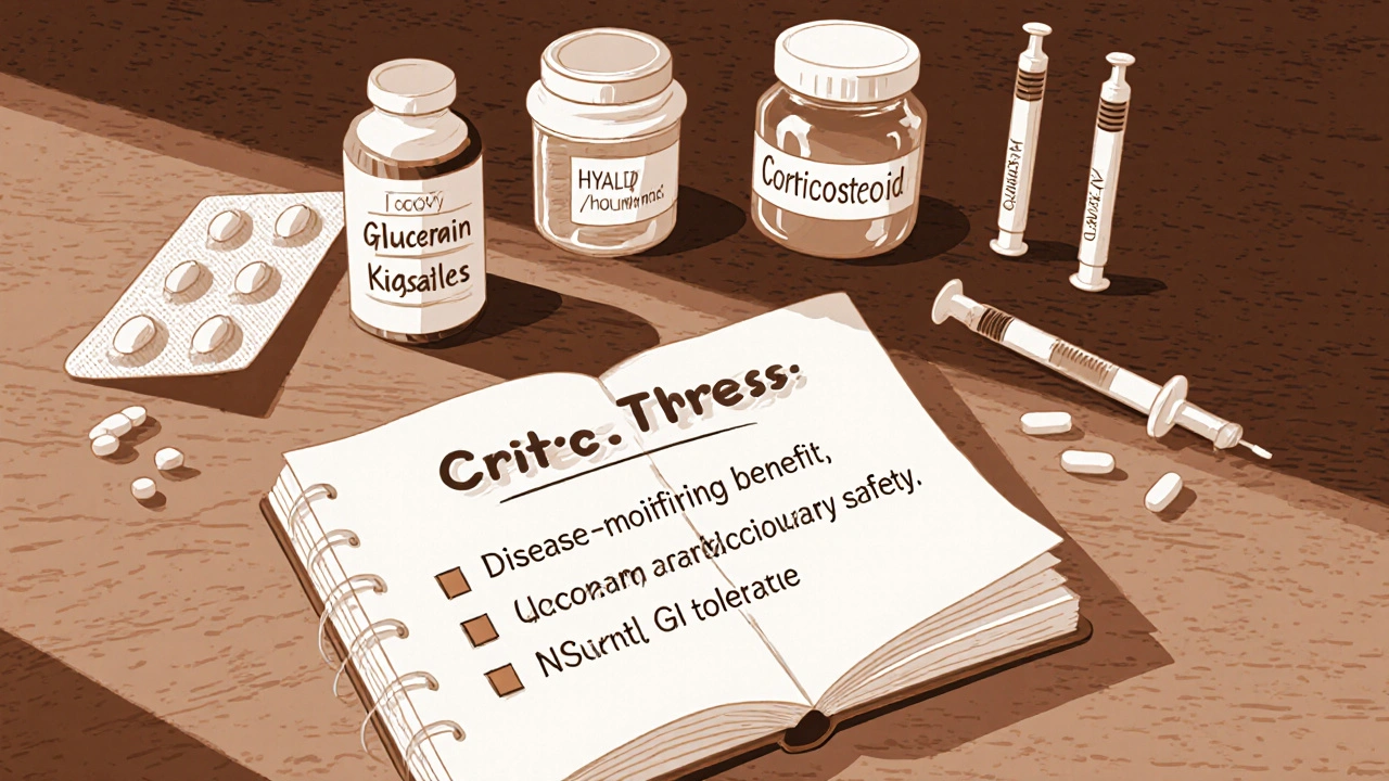 Desk scene with Diacerein, NSAID, supplements, and injection syringes beside a decision notebook.