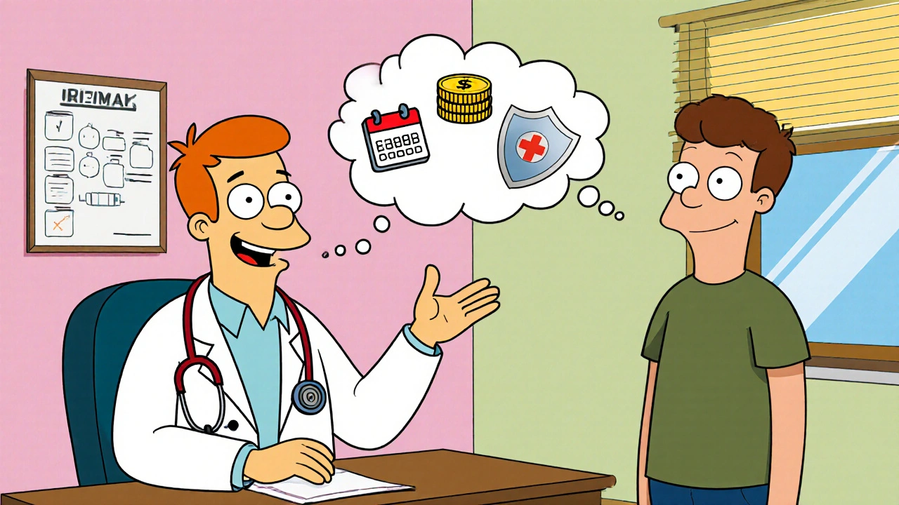 Doctor consulting a man, with thought bubble showing schedule, cost, and safety icons.