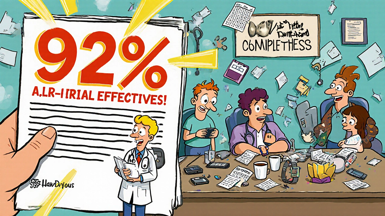 Doctor holding perfect trial data next to messy real-world clinic with incomplete records