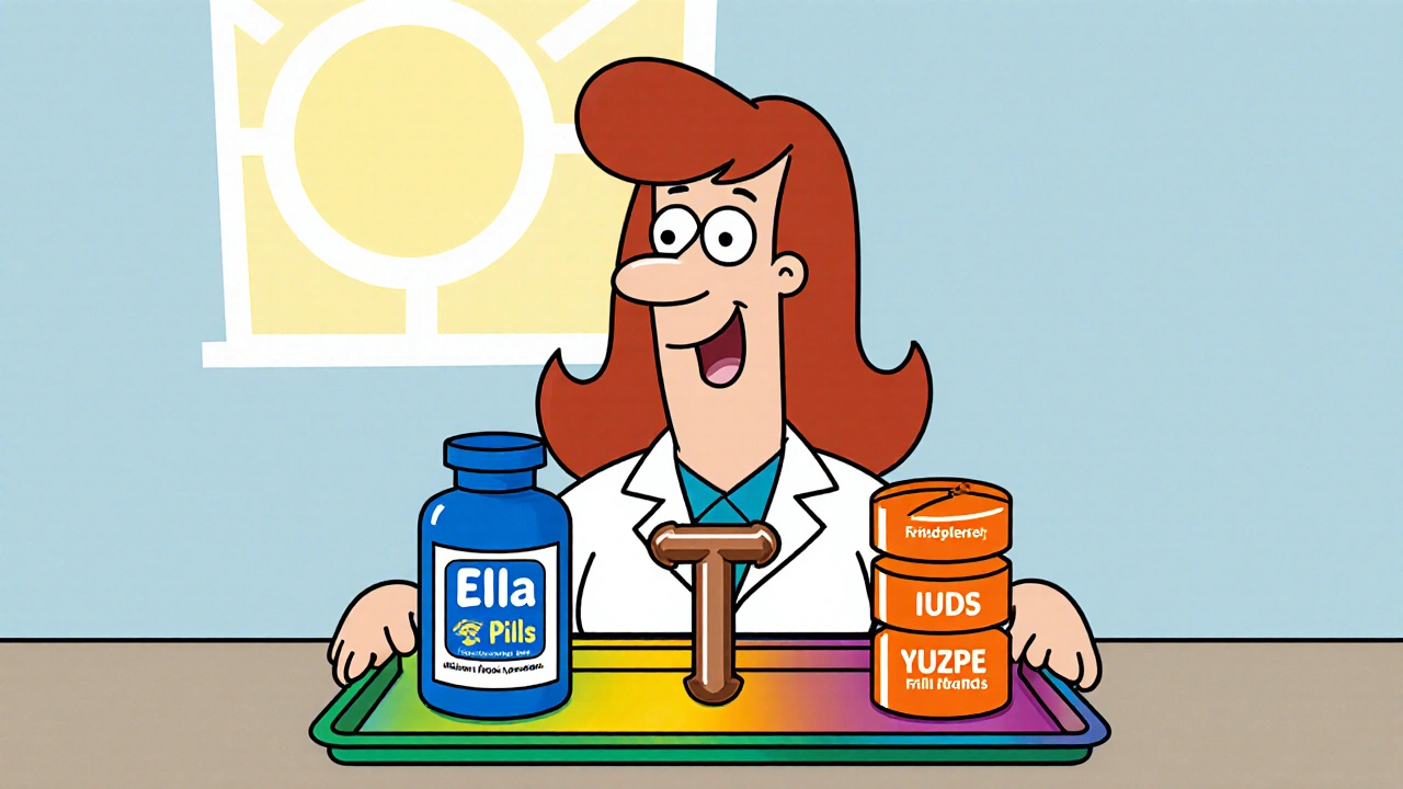 Doctor showing Ella pill, copper IUD, and Yuzpe pills on a clinic tray.
