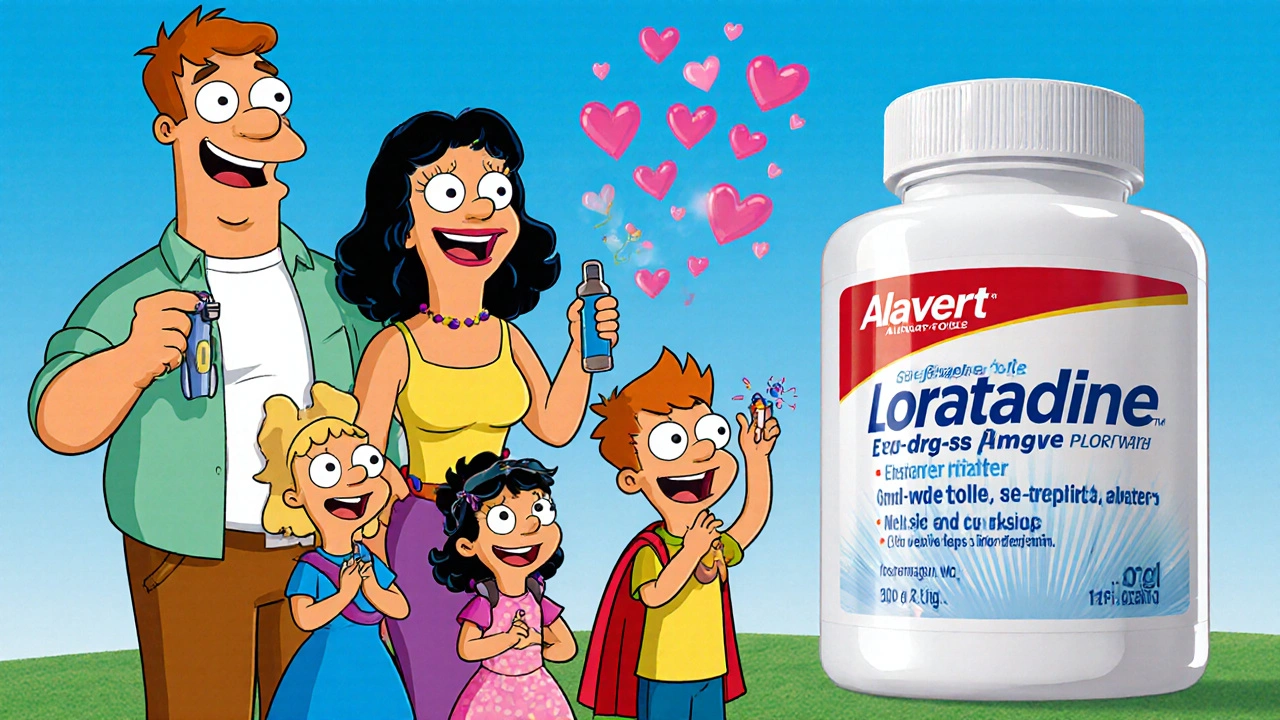 Family using allergy remediesâpill, nasal spray, eye dropsâwith pollen turning to hearts