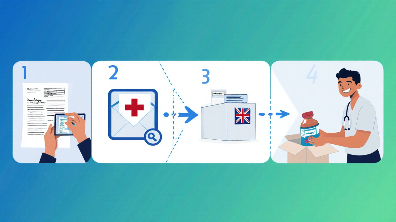 Five‑step visual collage of ordering generic ciprofloxacin online, from prescription to delivery.