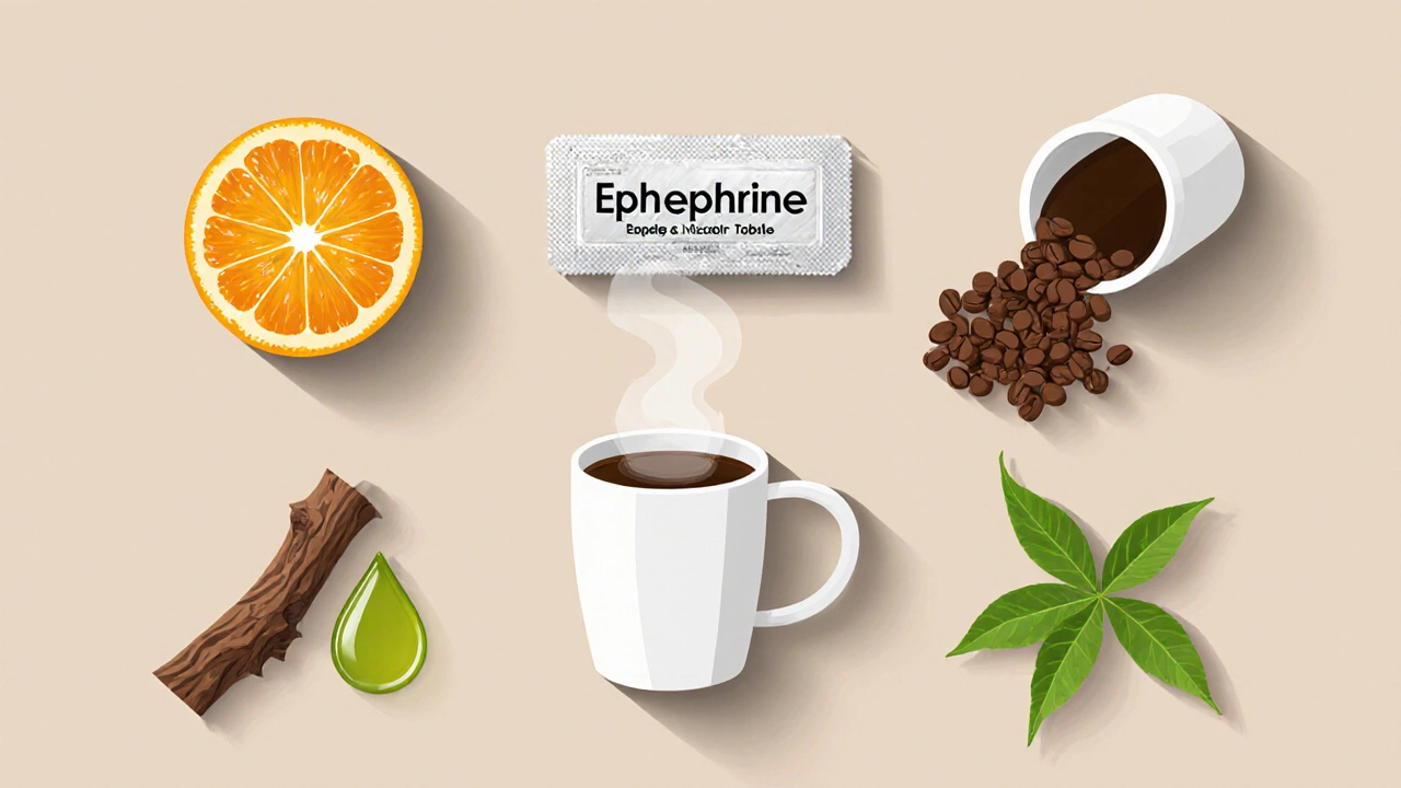Flat‑lay of bitter orange, ephedrine tablet, coffee, yohimbe bark, and green tea leaves.