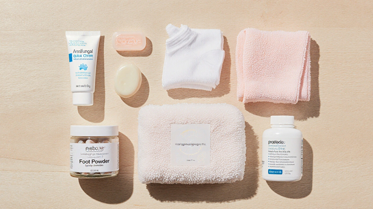 Flat lay of travel skin-care kit: antifungal cream, socks, towel, foot powder, soap, probiotics.