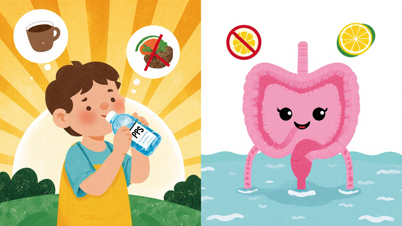 Happy child drinking water, stretching, holding medication, with smiling bladder.