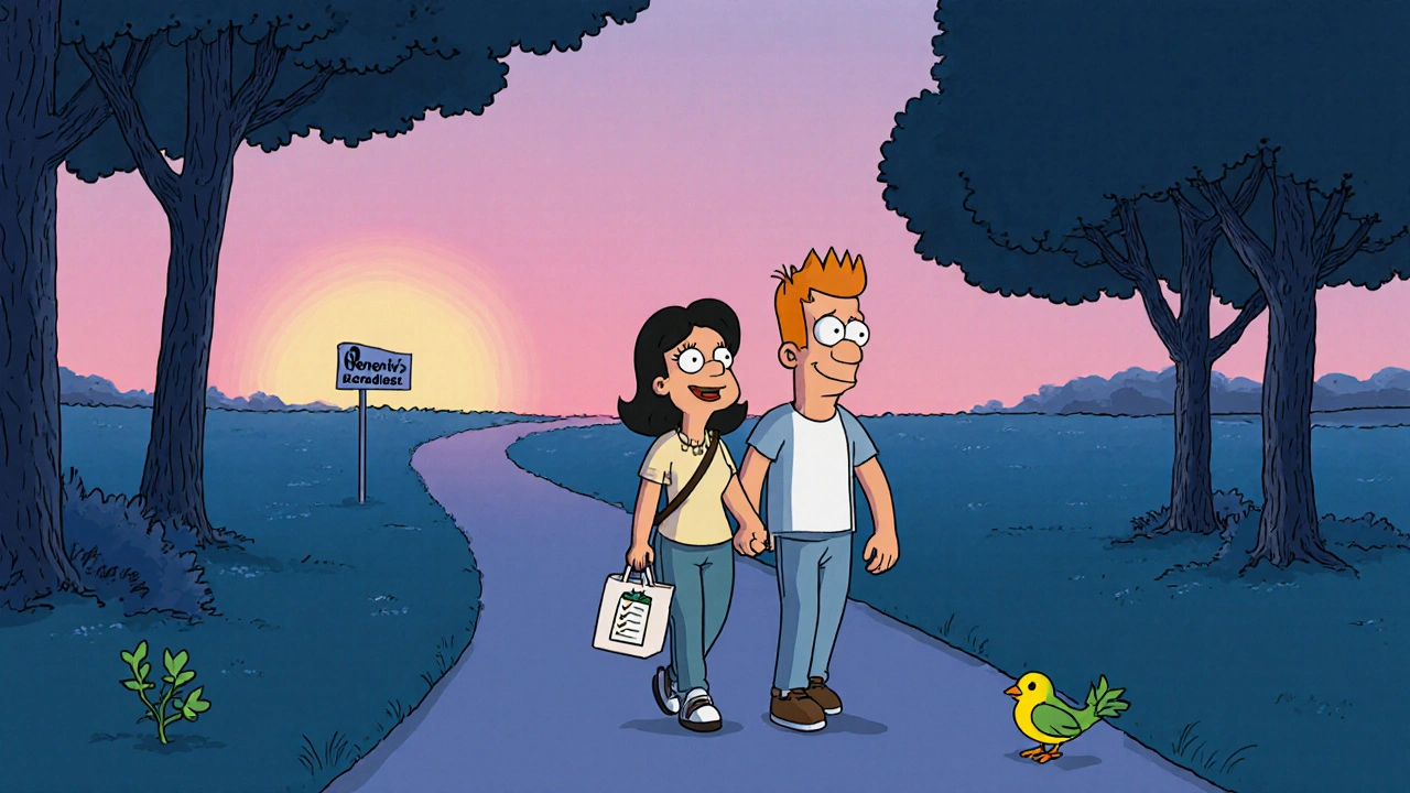 Happy couple walking hand‑in‑hand in a sunset park, holding subtle symbols of support.