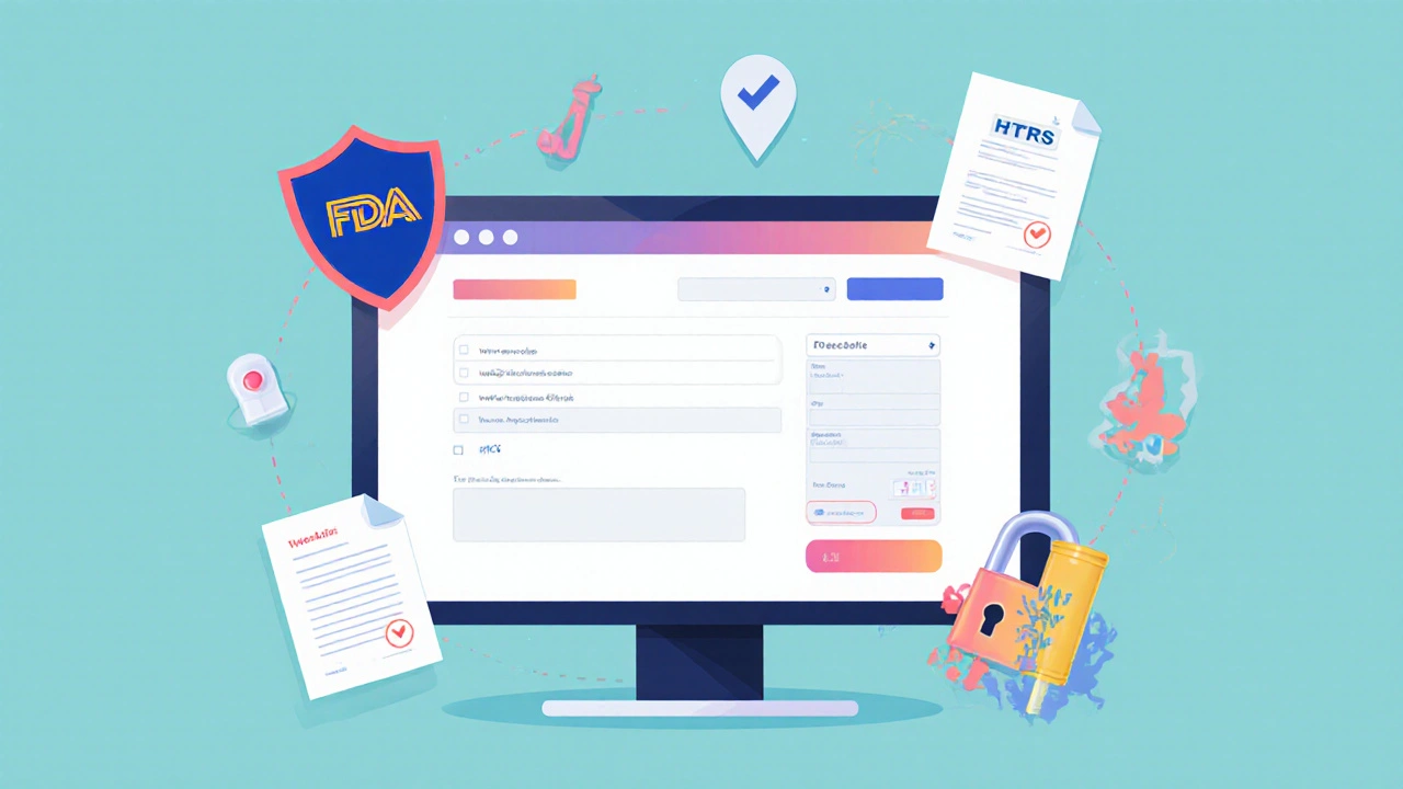 Illustration of safety icons around an online pharmacy checkout screen.