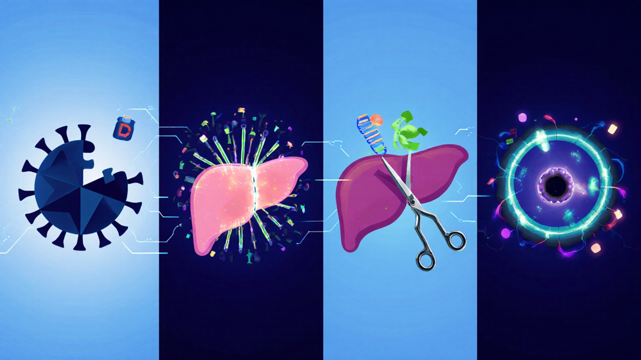 Illustration showing capsid blocker, RNAi, vaccine, and CRISPR mechanisms against hepatitis B.
