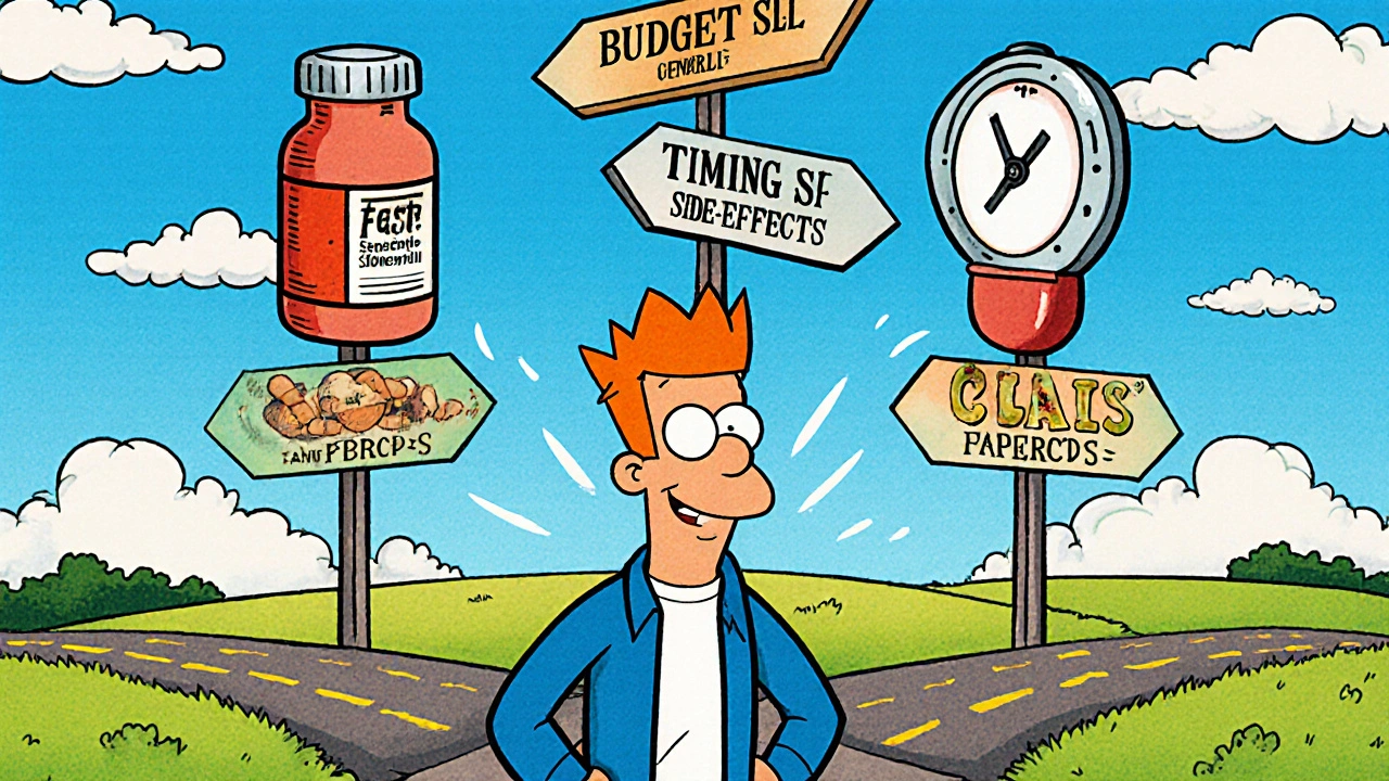 Man at a crossroads with signposts pointing to different ED pills.