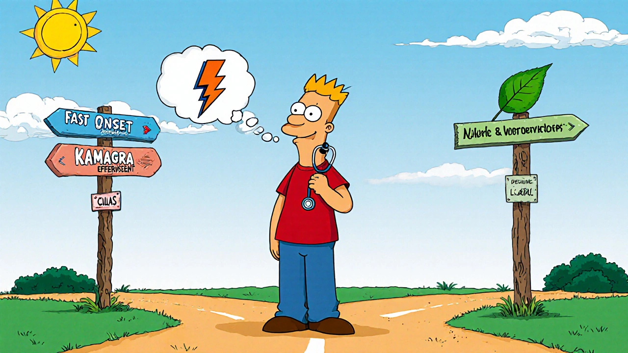 Man at crossroads with signs for fast onset, long duration, and natural supplement.