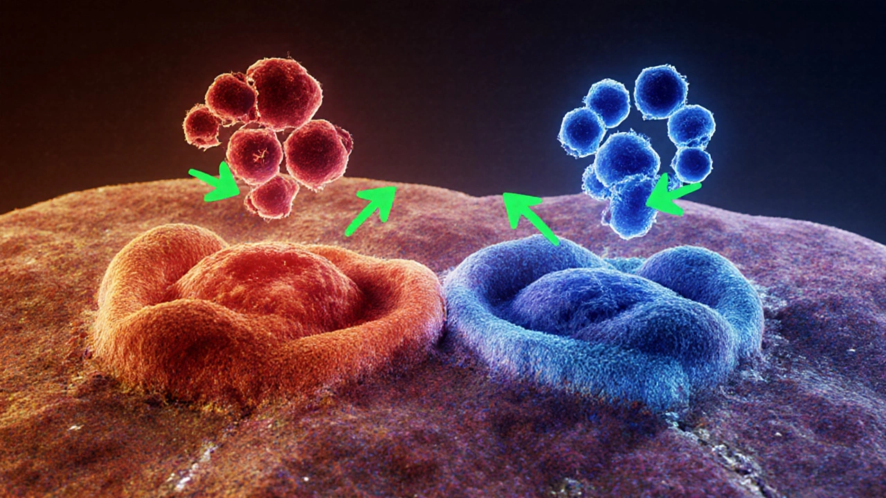 Microscopic view of cartilage showing Diacerein blocking inflammatory molecules.