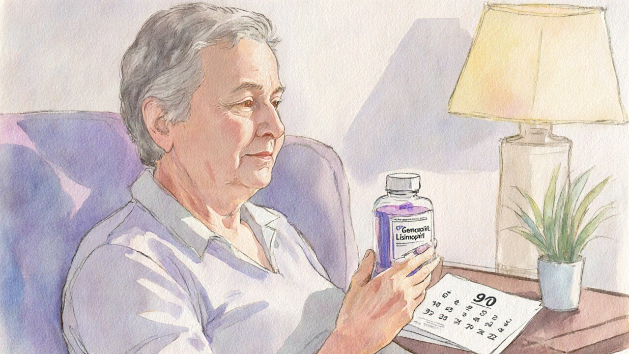 Patient holding generic Lisinopril bottle beside a 90‑day calendar.