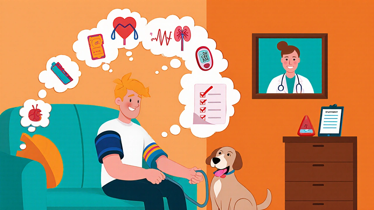 Patient measuring blood pressure at home with thought bubbles of health conditions in a cartoon scene.