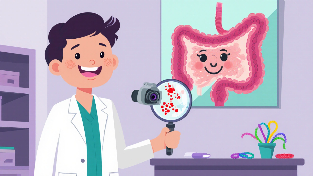 Pediatric doctor examining a smiling bladder, showing cystoscope and tiny red lesions.