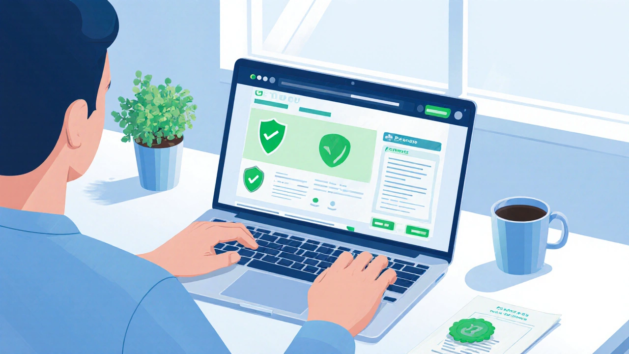 Person reviewing a secure pharmacy website on a laptop with trust symbols.