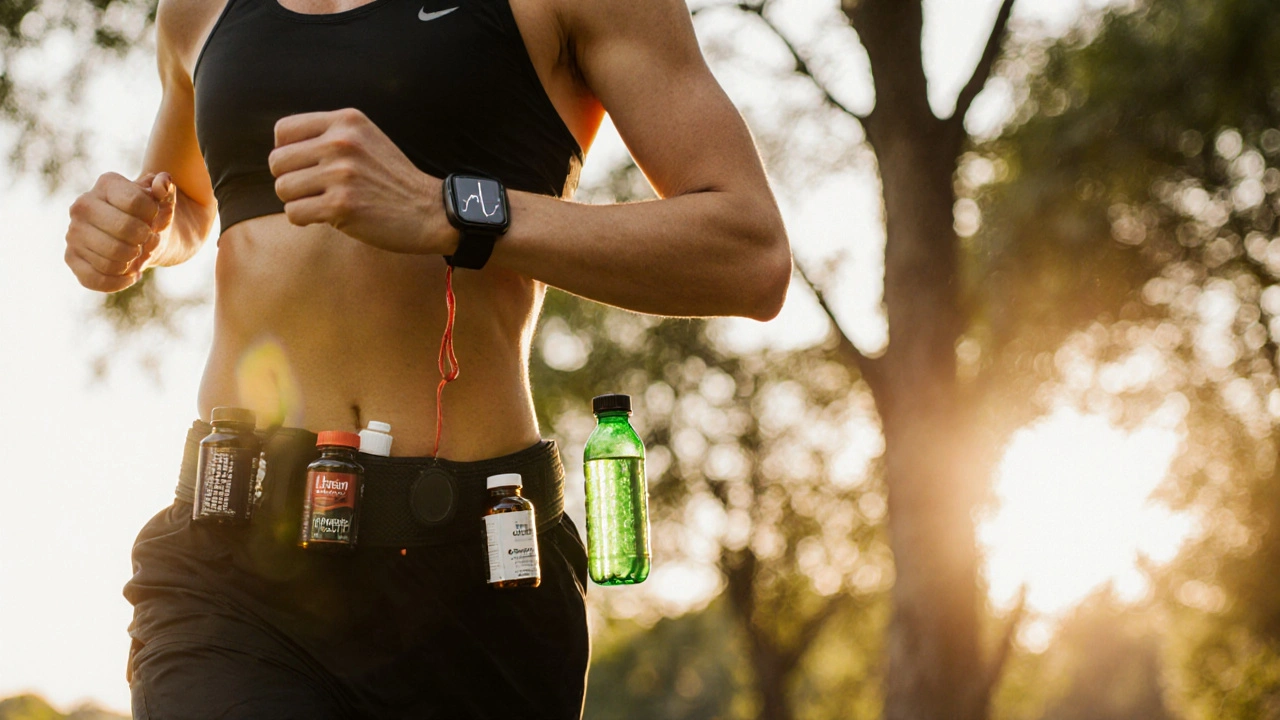 Runner with smartwatch and supplement bottles showing a balanced stimulant stack.