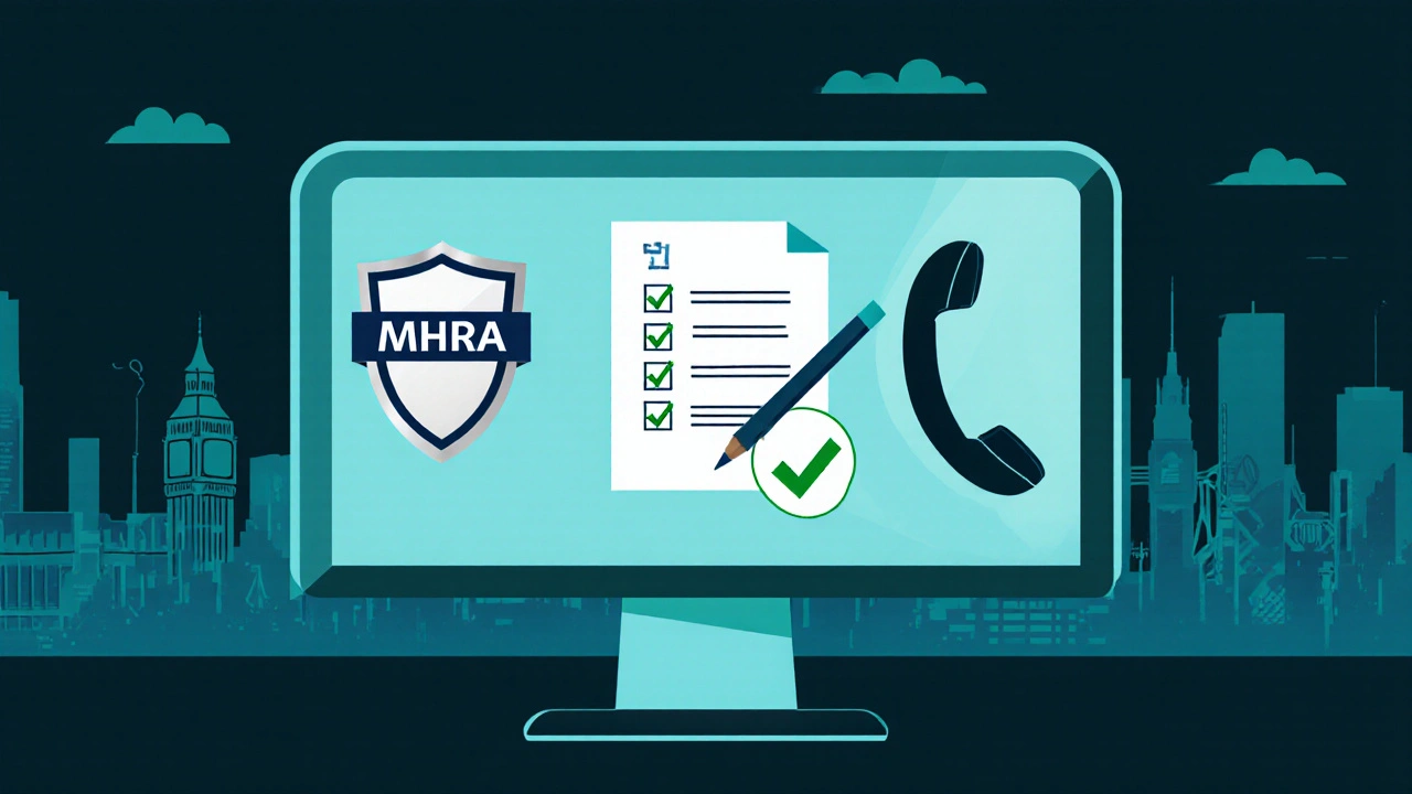 Screen showing three green‑checked icons for MHRA license, prescription, and contact info.