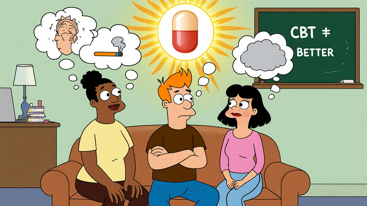 Three people with anxiety thought bubbles being cleared by a glowing bupropion pill, in classic Hanna-Barbera animation style.