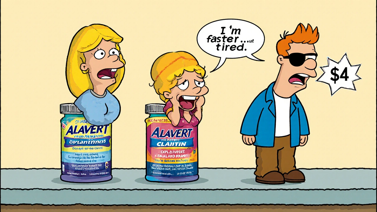 Three pill bottles personified: Alavert and Claritin identical, Zyrtec yawning