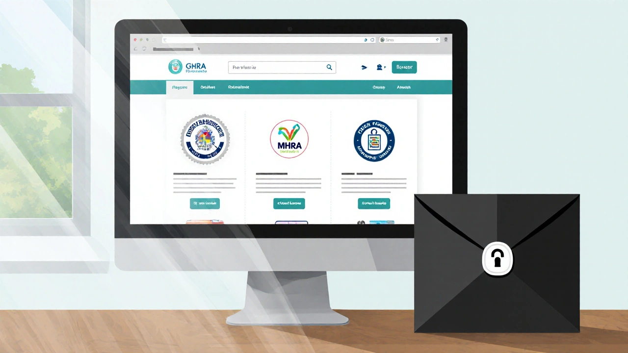 Trusted pharmacy website on a laptop next to a discreet delivery package.