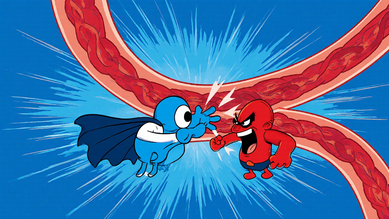 Voveran molecule blocks a red angiotensin receptor inside a cartoon artery.