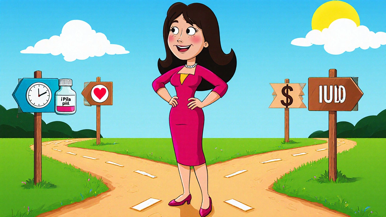 Woman at a crossroads with icons for I‑Pill, Ella, and copper IUD.