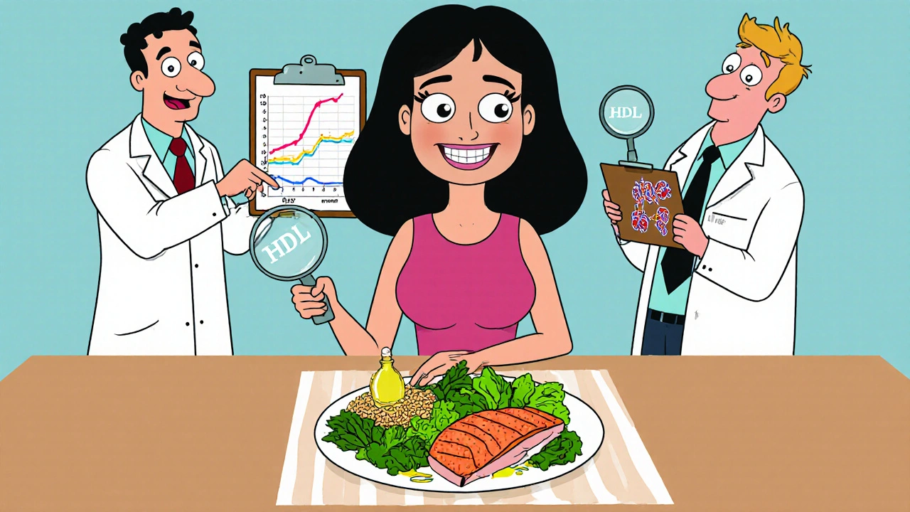 Woman eating healthy food while cartoon doctors show rising blood pressure and falling HDL graphs.
