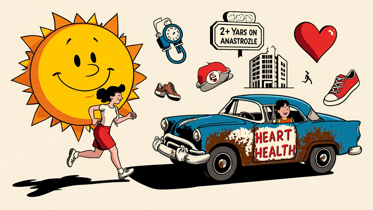 Woman jogging as her shadow becomes a rusting car labeled 'Heart Health,' with medical icons around her.