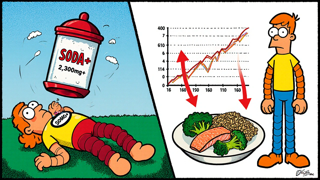 A cartoon person transforming from overwhelmed by salt to energized with healthy DASH foods, with a falling blood pressure graph.
