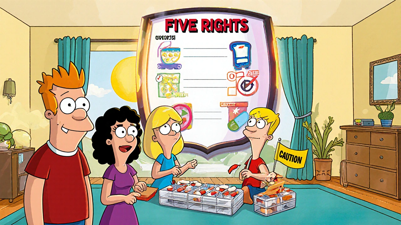 A family using a labeled pill organizer with friendly pill characters, surrounded by a Five Rights checklist.