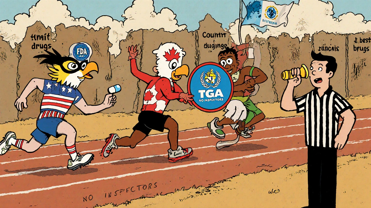 A global relay race passes a pill between regulators as a WHO referee blows a whistle.