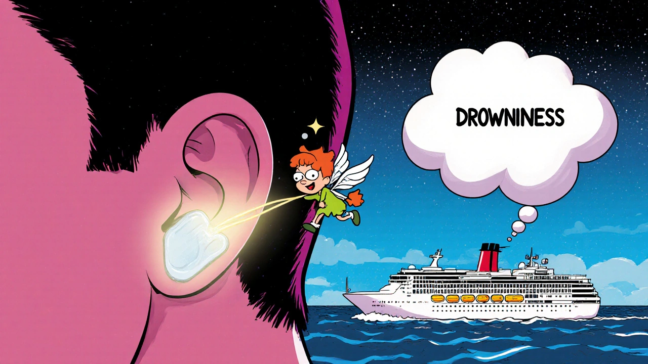 A glowing new scopolamine patch releases a caffeine sprite to fight drowsiness, with a happy user sailing smoothly.